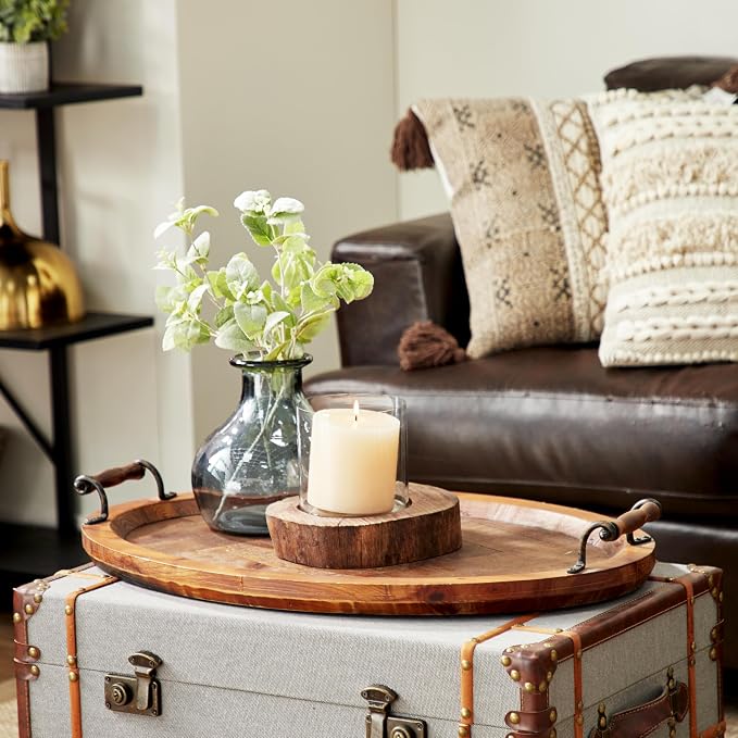 Deco 79 Wood Living Room Decor Tray Large Oval Ottoman Tray with Scroll Metal Handles, Serving Tray 29" x 19" x 4", Brown | Living Room Decor Large Oval Ottoman Tray With Scroll Metal Handles Serving Tray