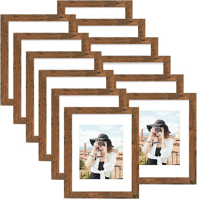 Picrit 9x12 Picture Frame Set of 12, Display 6x8 with Mat or 9x12 without Mat, Photo Frames for Wall Mounting or Table Top Display, Brown