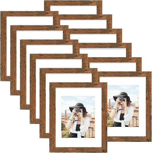 Picrit 9x12 Picture Frame Set of 12, Display 6x8 with Mat or 9x12 without Mat, Photo Frames for Wall Mounting or Table Top Display, Brown