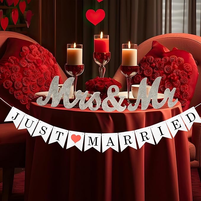 Mr Mrs Sign for Wedding Table, Mr and Mrs Wooden Letters, Mister & Miss Wedding Decoration Items, Head Table Wood Letter, Anniversary Party Valentine's Day Vintage Decor (Silver W/banner)