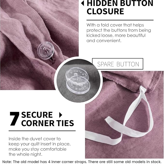 Simple&Opulence 100% Linen Duvet Cover Set 3pcs Basic Style Natural French Washed Flax Solid Color Soft Breathable Farmhouse Bedding with Button Closure - Purple, Queen