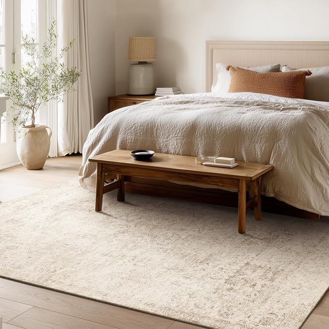 Machine Washable Rugs for Living Room: 6x9 Area Rugs for Bedroom Ultra Soft Non-Slip Low Pile Vintage Distress Boho Large Carpet for High-Traffic Dining Room - Farmhouse Decor