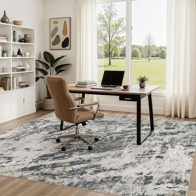 DMOYEST Area Rug Living Room Rugs - 6x9 Large Soft Indoor Neutral Modern Abstract Low Pile Washable Rug Carpet for Bedroom Dining Room Farmhouse Home Office-Black Gold/Grey