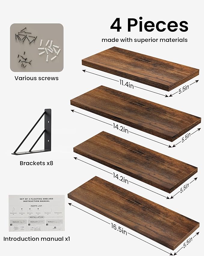 BAYKA Wall Shelves for Bathroom Decor, Floating Wall Shelves for Living Room Kitchen Storage, Mounted Rustic Wood Floating Shelves for Kids Books, Corner Shelf for Bedroom(Rustic Brown，Set of 4)