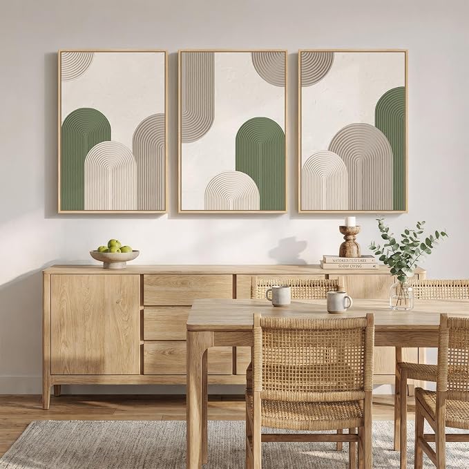 Framed Green Beige Abstract Wall Art for Living Room, 3 Piece Large Neutral Modern Minimalist Canvas Artwork for Walls, Boho Bauhaus Geometric Painting Prints for Hallway Office Wall Decor, 24x36 Inch
