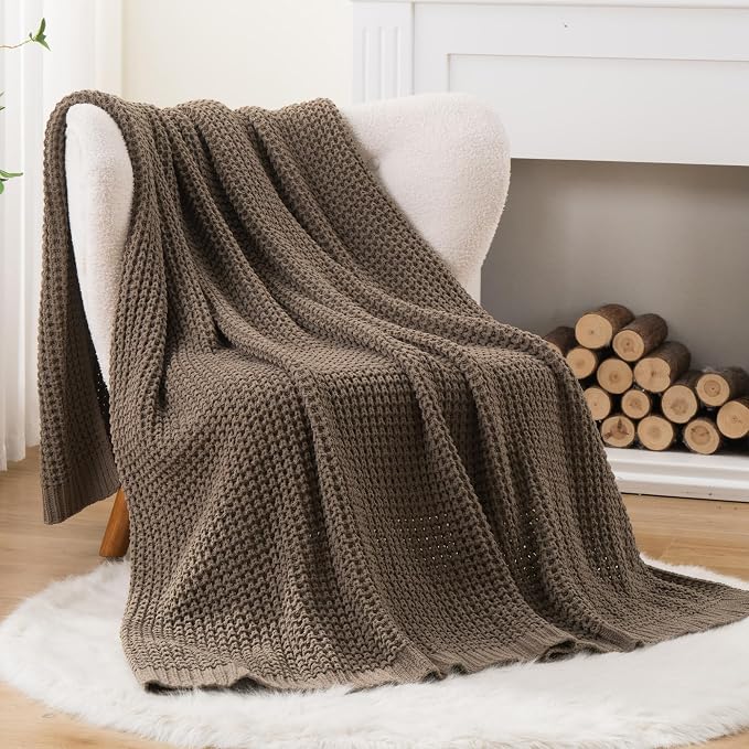 Bunnikins & Clover Knitted Waffle Throw Blanket 60x80 Inches, Camel Tan Throw Blanket for Couch, Tan Blanket Fluffy Cozy Knit Soft Throws for Women Mothers Birthday Gifts