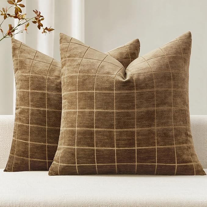 MIULEE Decorative Chenille Check Throw Pillow Covers Vintage Plaid Couch Pillows 18x18 Inch Set of 2 Neutral Boho Farmhouse Cushion Covers Modern Home Decor for Sofa Bed Living Room Toffee
