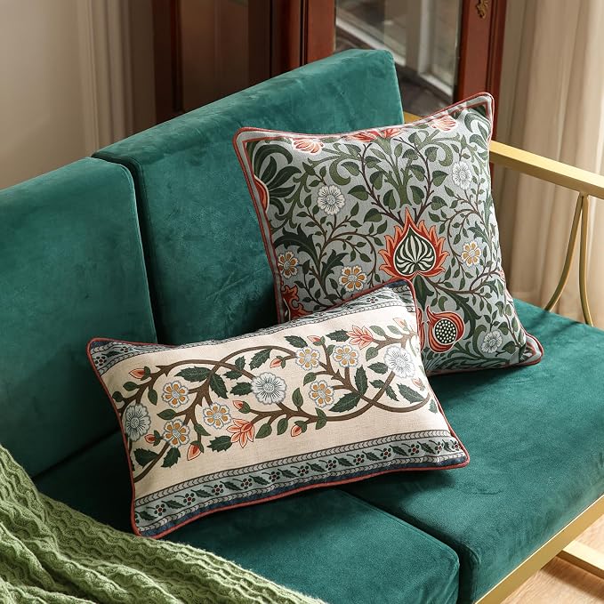 ISAENNE Vintage Linen Rectangle Throw Pillow Cover,Set of 2,20"x12"-Naples C