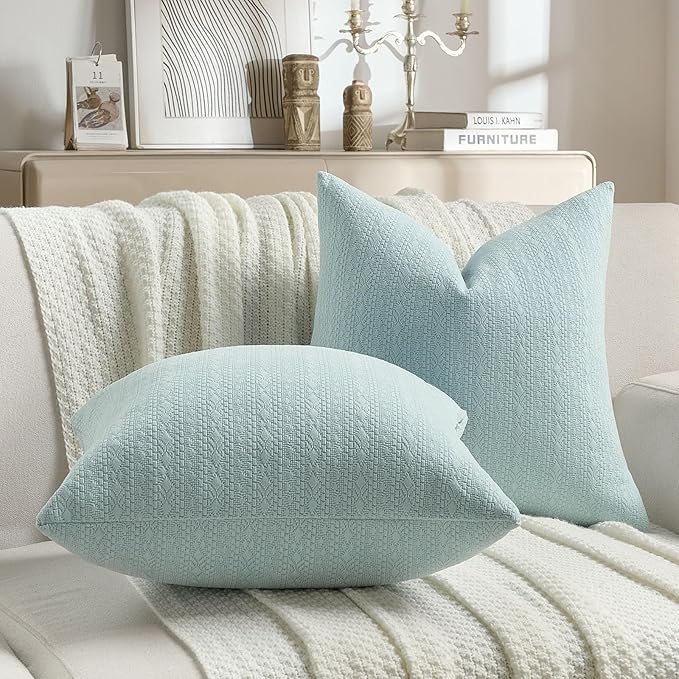 FUTEI Light Blue Chenille Throw Pillow Covers 24x24 Inch Set of 2,Soft Striped & Diamond Textured European Cushion Cases,Modern Home Decor for Couch Living Room
