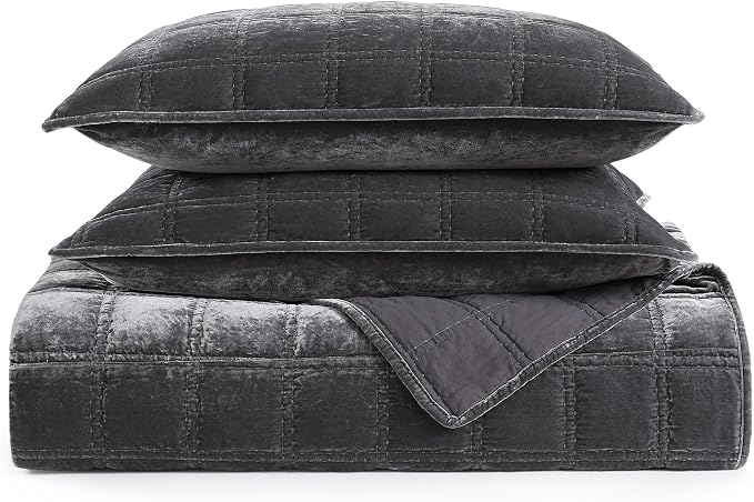 HiEnd Accent Stella Faux Silk Velvet Double Box Stitch 3 Piece Quilt Set, Full Queen Size, Slate Solid Color, Classic Chic Modern Rustic Elegant Bedding Set, Lightweight Bed Set
