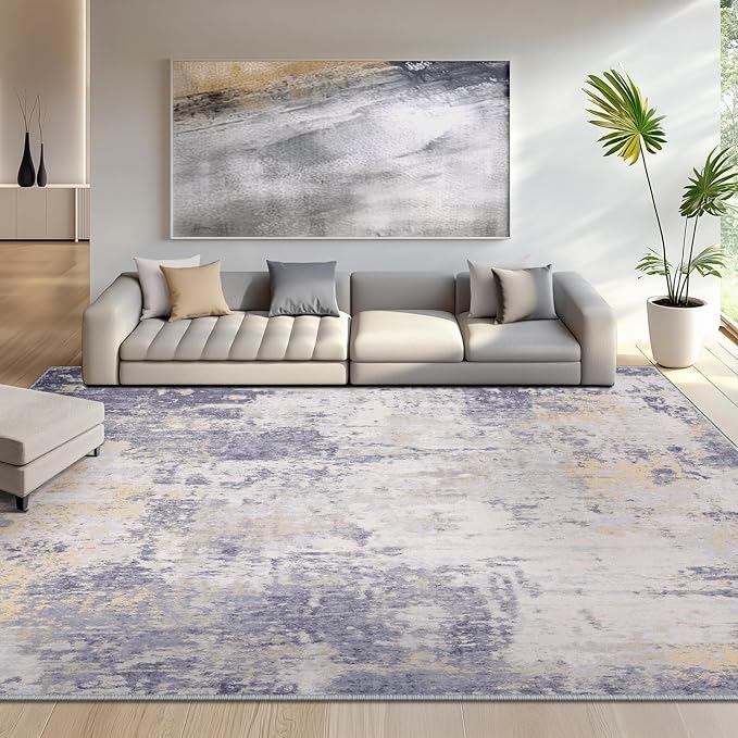 RELEANY Washable Area Rugs 6'x9' Non-Slip Modern Abstract Soft for Living Room Entryway Bedroom Nursery, Print Pattern, Purple Grey Cream Yellow