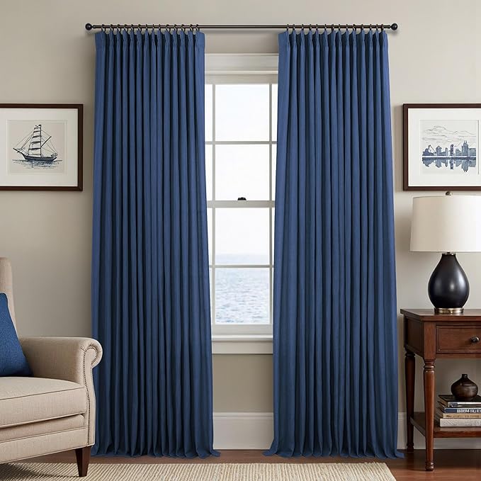 Navy Pinch Pleat Curtains 108 Inches Long for Living Room Dining Bedroom 2 Panels Farmhouse Light Filtering Pleated Linen Semi Sheer Dark Blue Drapes for Patio Door Ceiling Floor Length 9 FT Back Tab