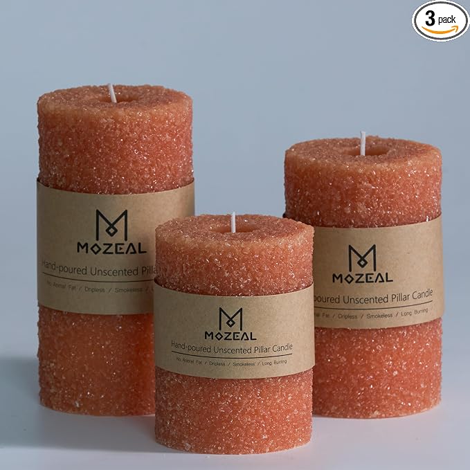 MOZEAL Hand-Poured Granular Texture Decorative Burnt Orange Pillar Candles Set of 3 (3"x4", 5", 6"), Dripless, Unscented, Smokeless, for Fall Fireplace, Thanksgiving Table & Autumn Décor