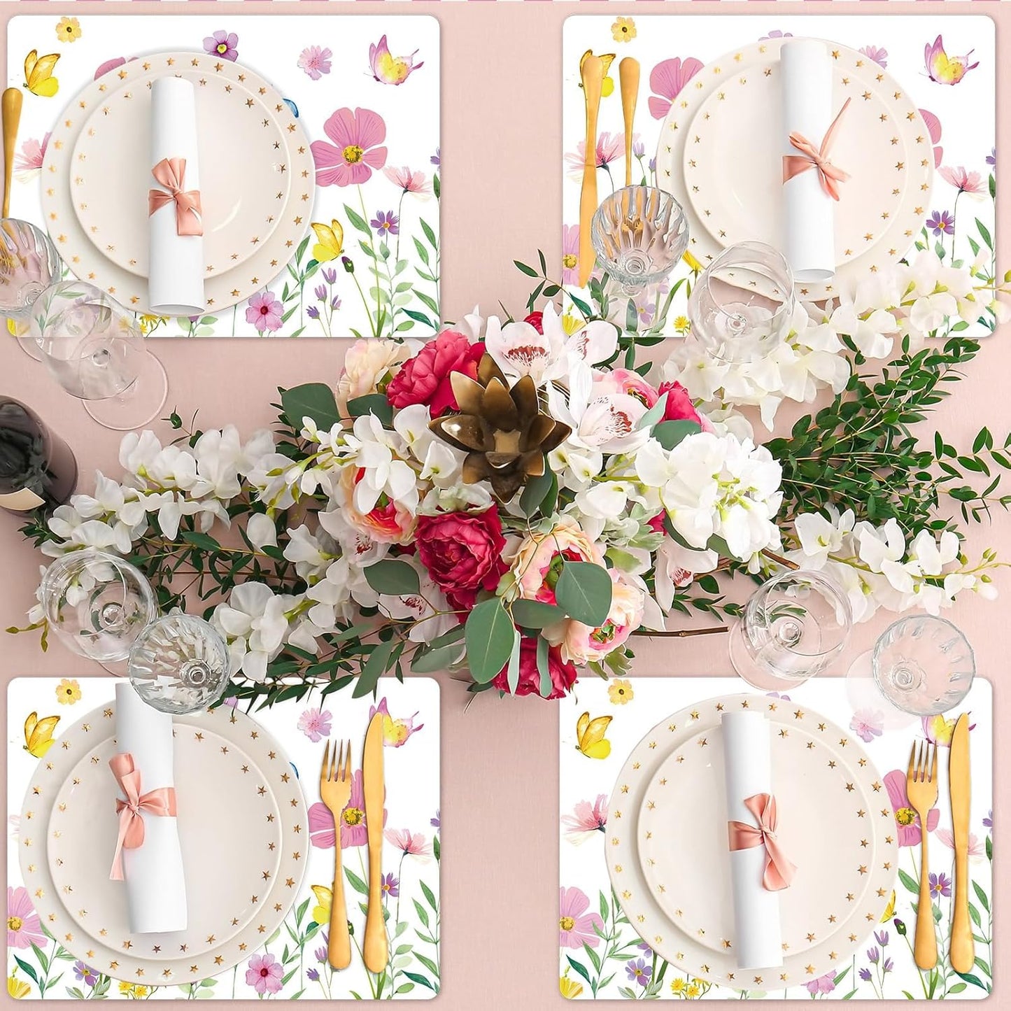 Spring Floral Butterfly Placemats Set of 6 Flower Summer Plastic Table Mats Wildflower Place Mats Washable Vinyl Rustic Holiday Table Decoration for Indoor Outdoor Party Kitchen Dining