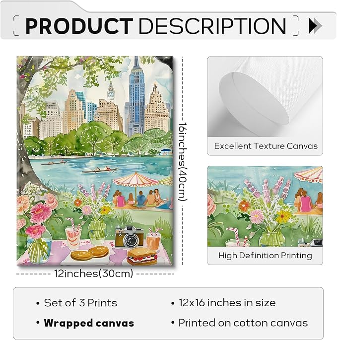 SYYANKK Watercolor New York City Wall Art NYC Canvas Poster Travel Wall Decor NYC Painting Central Park Picture New York Landmarks Artwork for Bedroom Living Room 12x16x3 Inch Ready to Hang