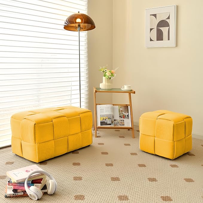 Cmishe 28" Rectangular Woven Corduroy Ottoman Footrest - Large Modern Entryway Bench & Bed End Stool, Sturdy Wood Frame, No Assembly (Yellow-L)