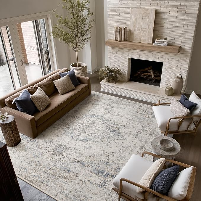Machine Washable Rugs for Living Room: 6x9 Area Rugs for Bedroom Ultra Soft Non-Slip Low Pile Vintage Distress Boho Large Carpet for High-Traffic Dining Room - Farmhouse Decor