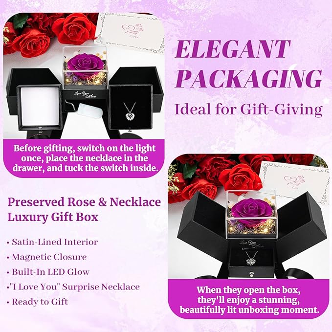 FIACO Gifts for Mom Preserved Real Roses with I Love You Necklace Fresh Forever Flowers Mothers Day Flower Gifts for Women Grandma Anniversary Birthday Gift for Girlfriend Wife Daughter
