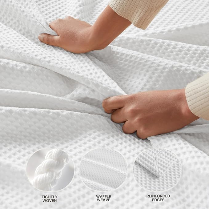Madison Park 100% Cotton Blanket, Trendy Woven Waffle Weave Design, All Season, Lightweight, Breathable, Soft and Cozy Casual Summer Cover, for Bed, Couch and Sofa, King(108 in x 90 in), White
