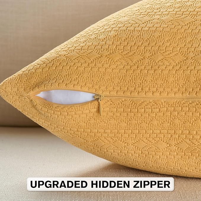 FUTEI Mustard Yellow Chenille Throw Pillow Covers 26x26 Inch Set of 2,Soft Striped & Diamond Textured Euro Pillow Shams,Modern Home Decor for Couch Living Room