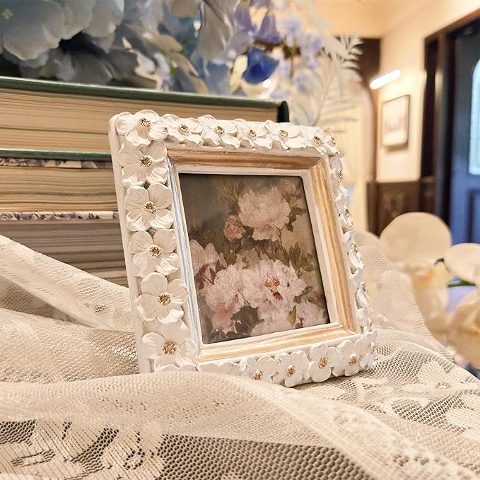 SYLVIA'S SHOP 3x3 Small Vintage Picture Frame, Mini Antique White Ornate Square Photo Frame, for Tabletop and Wall Display, Decorative Floral Design Retro Home Decor, Photo Gallery Art