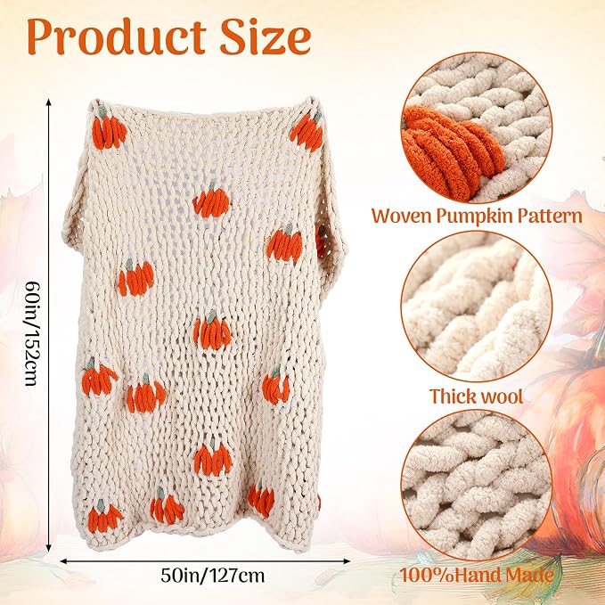 Mindsoft Chunky Knit Throw Blanket Large 50" X 60" 100% Handmade Cream Chenille Loop Yarn Fluffy Soft Knitted Throw Big Cozy Thick Cable Knit Crochet Blanket for Couch Sofa Bed (Orange,Pumpkin)
