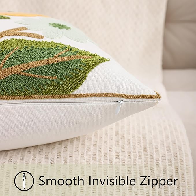 Spring Pillow Covers 18x18 Set of 2 Embroidery Throw Pillow Covers Yellow and Pink Flowers with Green Leaves Farmhouse Pillow Cushion Case Summer Foral Decorative Farm Pillowcases