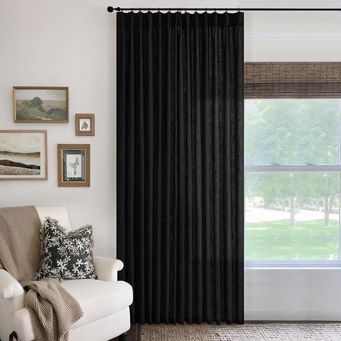 Extra Wide Curtains 70 Inch Width 84 Inches Long for Living Room Bedroom Light Filtering Semi Sheer Farmhouse Pleated Curtain Hooks Rings for Patio Sliding Door Large Window Black 1 Panel W70xL84
