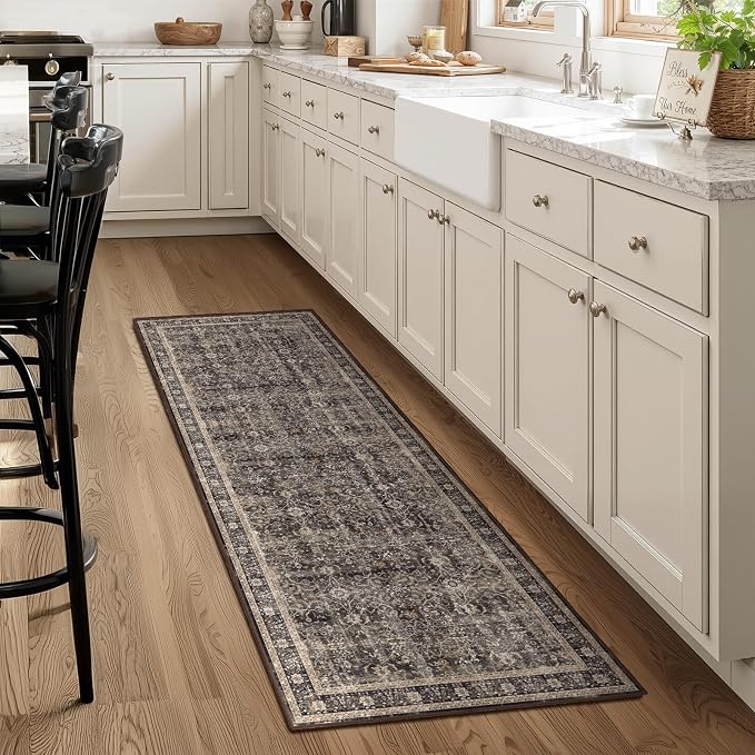 Dark 2x6 Washable Runner Rug, Mid-Century Modern Print Carpet Runners for Hallway Kitchen 6ft Non Slip, Vintage Classic Low Pile Entryway Runner for Bathroom Mudroom Bedroom, Brown/Black/Beige