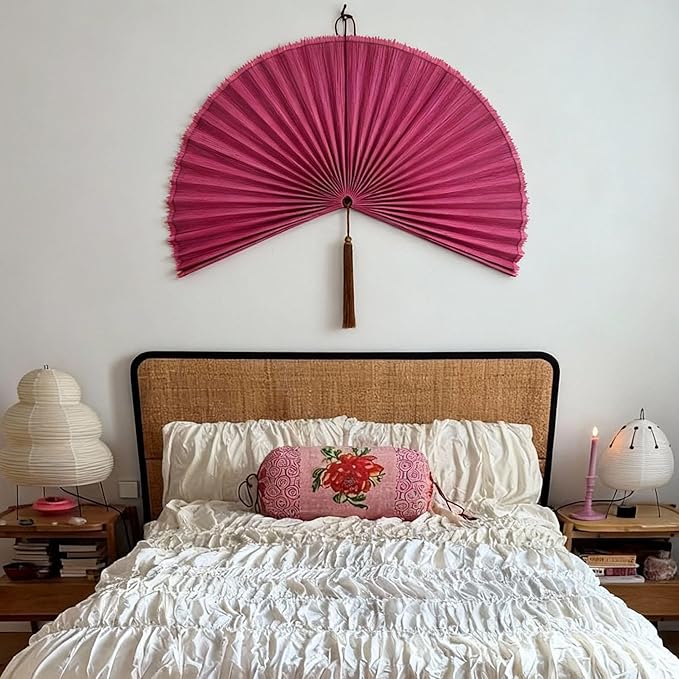 ChumDecor Fan Wall Decor,Large Bamboo Fan Wall Art for Boho Hanging Headboard,Decorative Folding Fan for Over Bed Decorations, (Pink, 31inch)