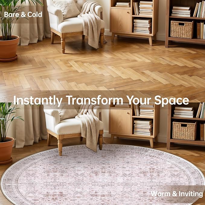 Sasttie Round Rugs 8ft, Ultra-Soft Washable Circle Rug, Low Pile Foldable Thin Carpets with Non-Slip Backing, Skin-Friendly Stain Resistant Carpet for Living Room, Bedroom, Kitchen, Dorm, 8ft, Pink