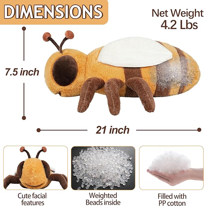 CSVBTRF Weighted Stuffed Animal, 4.2 lbs 21" Bee Plush Hugging Pillow for Gift - Bee Stuffed Animal