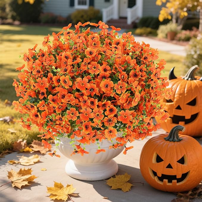 MERIXMAS 24 Bundles Fall Flowers Artificial for Halloween Decoration Outdoors, Fake Plants Autumn, Mums Daisy Eucalyptus Realistic UV Resistant for Garden Patio Porch Home Decor, Orange