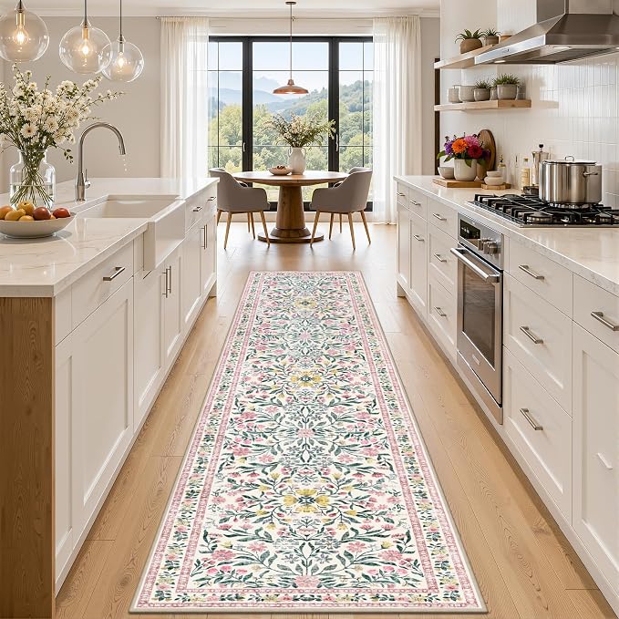 Runner Rug for Entryway: 2x5 Kitchen Rugs Non Slip Washable Ultra-Thin Soft Floral Carpet Indoor Floor Stain Resistant Carpets for Hallway Bedroom Kitchen Laundry Bathroom Dorm Pink/Green