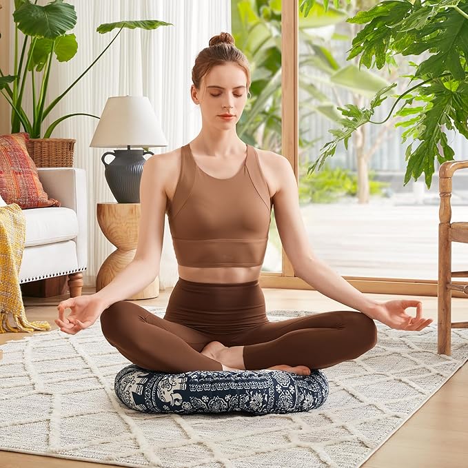Codi Meditation Floor Pillow, Boho Pillows Seating for Adults and Teens, Large Cushion for Yoga Living Room Tatami Sitting, Memory Foam Added, 22x22 Inch Pack of 2, Round - Indigo Elephant
