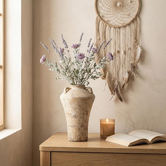 Ceramic Rustic Farmhouse Vase,Extra Large Terra Cotta Vase, Huge Pottery Decorative Flower Vases for Living Room Entryway Table Centerpiece Decor(12.5'' X 7.8'' x 7.8'') (Castle)