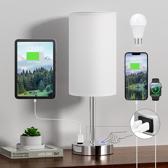 Fenmzee Touch Bedside Lamp - White, 3-Way Dimmable, USB A + C Charging, AC Outlet, 17.4inch Medium