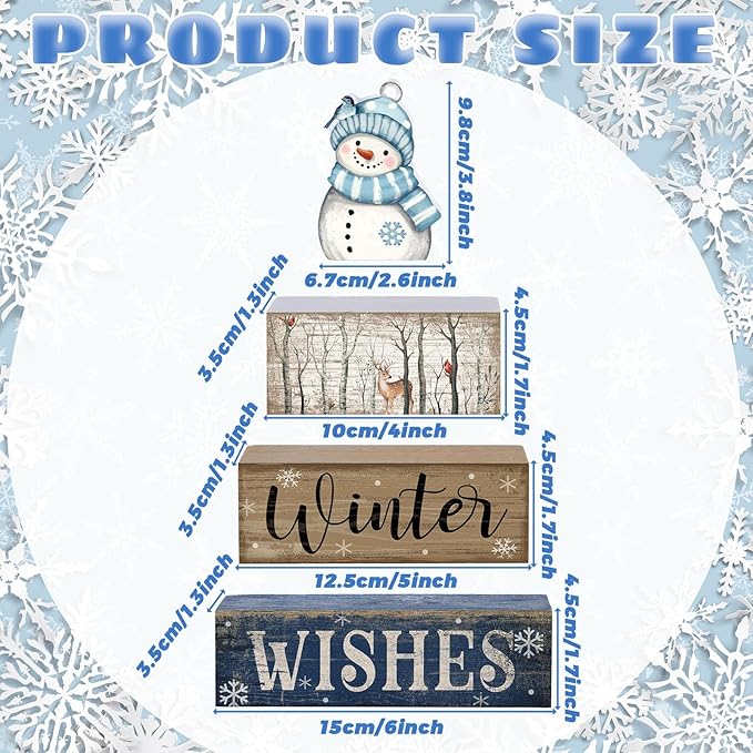 Lineshading 4 Pcs White Table Decor Wooden Snowman Blue and White Winter Tiered Tray Decor Christmas Table Centerpiece Wooden Rustic Snowman Block Sign Gifts Farmhouse for Home Kitchen Shelf