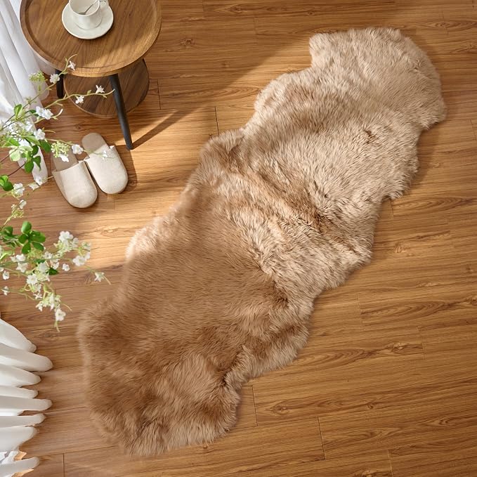 Premium Genuine Sheepskin Area Ruge - Real Wool Fur Shaggy Carpet | Fluffy Soft Natural Lambskin Rug Seat Chair Covers for Couch Sofa Bedroom Living Room(Tan,2×6 Feet Sheepskin)