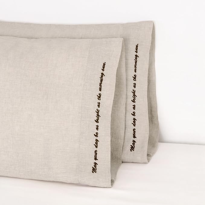 Linen Pillow Cases with Embroidery Design,20"x40" King Size Set of 2,100% French Flax Soft Breathable Handmade Linen Pillowcases,Natural Embroidery