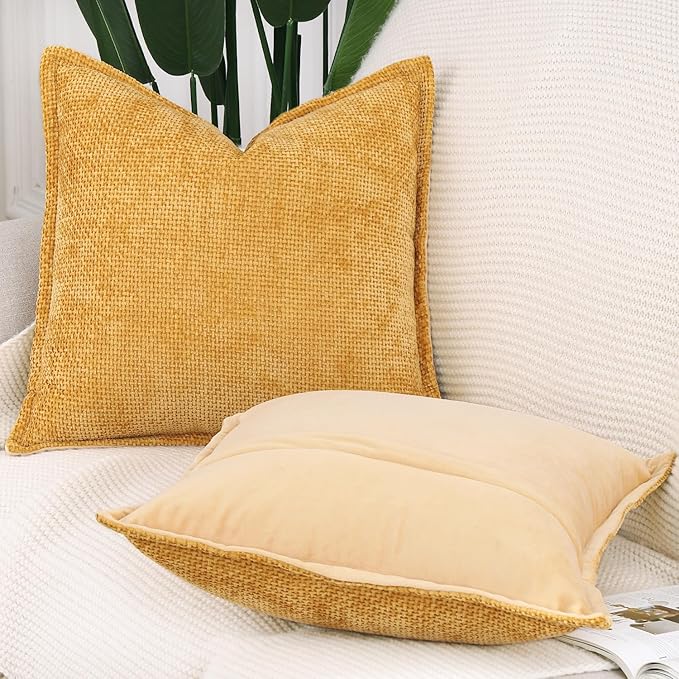 MADIZZ Decorative Chenille Velvet Throw Pillow Covers Set of 2 Soft Boho Textured Neutral Couch Throw Pillow for Bed Modern Farmhouse Home Decor for Sofa Livingroom Yellow 18x18 Inch