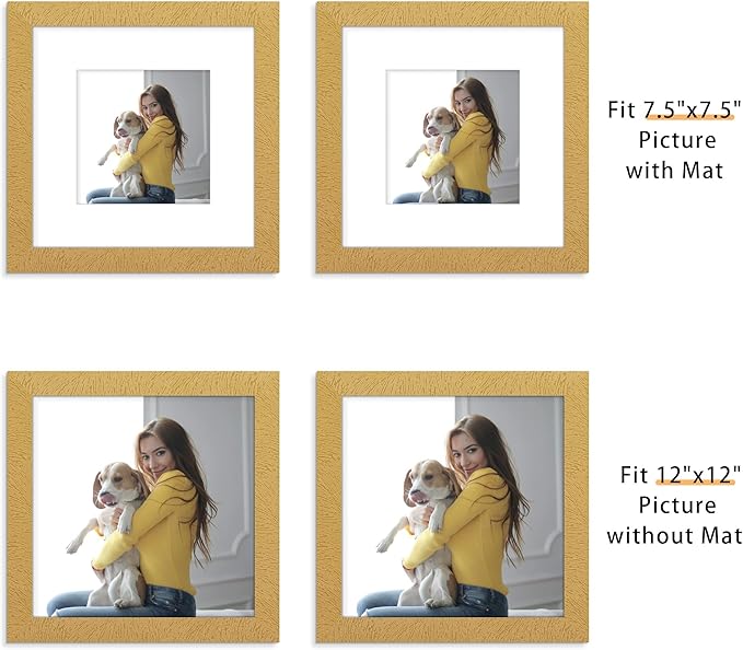 Picrit 12x12 Picture Frame Set of 12, Display 8x8 with Mat or 12 x 12 without Mat, Photo Frames for Wall Mounting Display, Gold