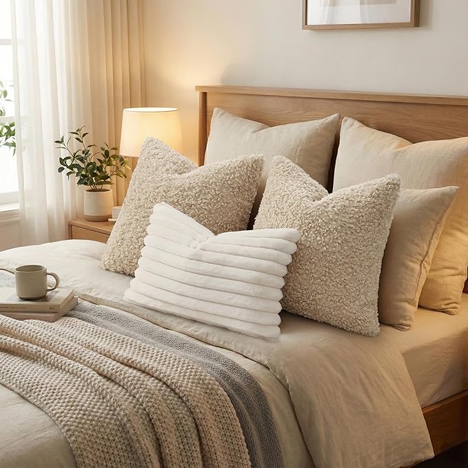 decorUhome Pack of 2 Throw Pillow Covers 24x24 Inch, Faux Fur Decorative Sherpa Pillow Covers Fuzzy Accent Soft Sheepskin Fleece Pillow Cases for Couch Living Room Bed, Neutral Oatmeal