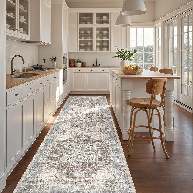 Tortania Area Rug 3x10 Runner Rugs - Washable Vintage Oriental Farmhouse Thin Indoor Carpet for Living Room Bedroom Hallway Entryway Kitchen Under Dining Table Home Office - Brown Blue