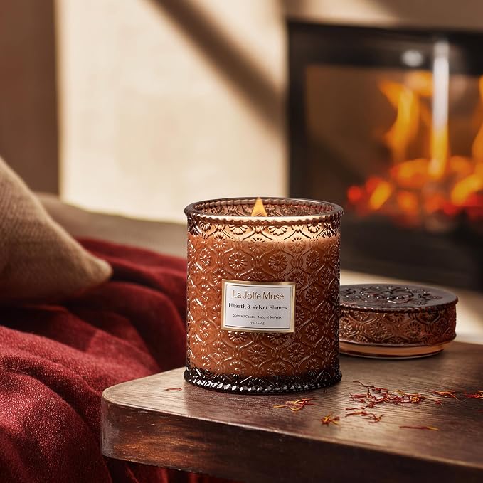 LA JOLIE MUSE Hearth & Velvet Flames Scented Candle for Home, 19 oz Soy Wax | Fireside Candle, Christmas Winter Festive Decoration, Luxury Red Jar Candle, Clean Non Toxic, Gift for Women & Men, Wood Wick