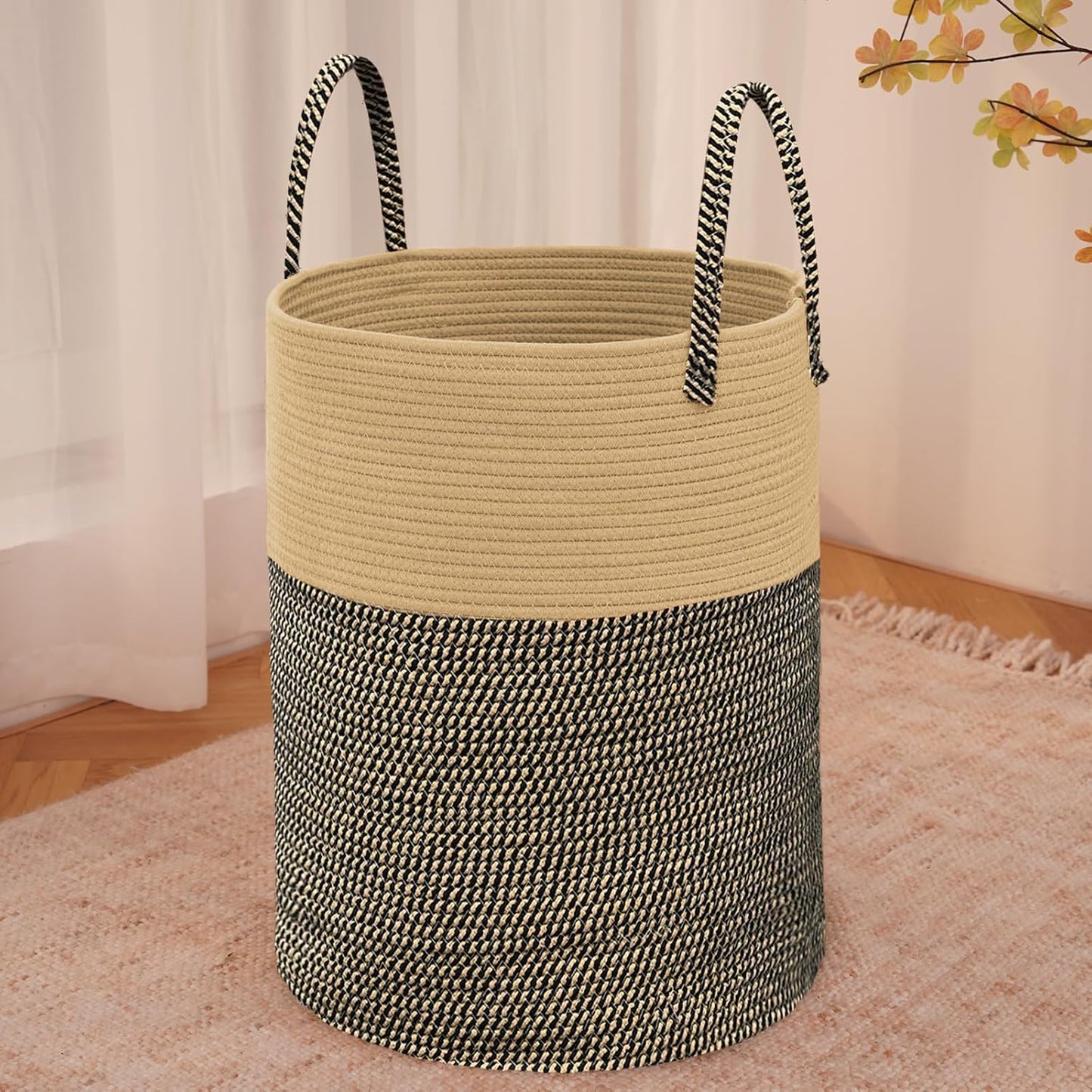 Large Woven Laundry Basket Hamper,80L Cotton Rope Storage Bin for Blankets,Toys and Clothes,Decorative Tall Nursery Hamper for Living Room,Baby Nursery,Bathroom and Bedroom,Brown and Black