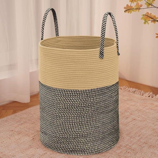 JMvicyroam Large Woven Laundry Basket Hamper,60L Cotton Rope Storage Bin for Blankets,Toys and Clothes,Decorative Tall Nursery Hamper for Living Room,Baby Nursery,Bathroom and Bedroom,Brown and Black