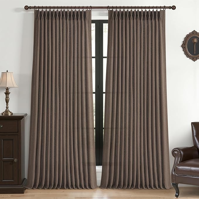Memory Trained Pinch Pleated 102 Inch Extra Long Curtains for Dining Room, Dark Brown Flax Linen Semi Sheer Privacy Nursery Drapes 2 Panels Set Light Filtering Kids Room Cottage Core Window Curtain