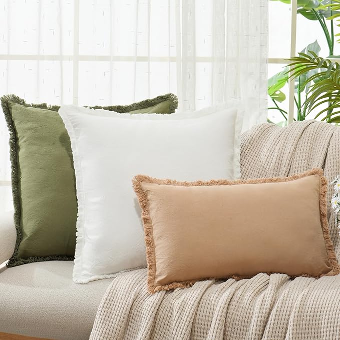 ZWJD Pillow Covers 20x20 Set of 2 Army Green Throw Pillow Covers with Fringe Chic Cotton Decorative Pillows Square Cushion Covers for Sofa Couch Bed Living Room Farmhouse Boho Decor