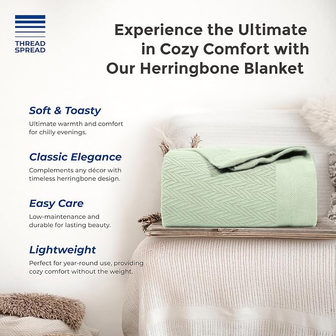 THREAD SPREAD Knitted Geometric Herringbone Pattern Handwoven Blanket 100% Extra Long Staple Cotton - Soft & Cozy Thermal All Season Throw for Bed Couch Chair Outdoors (Twin/Twin XL, Sage)